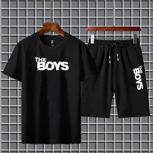 Black ALLEN WALKER Printed summer track Men's Clothing Summer Breathable T-Shirt and Black Shorts