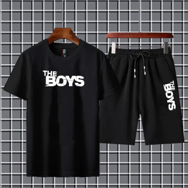 Black ALLEN WALKER Printed summer track Men's Clothing Summer Breathable T-Shirt and Black Shorts